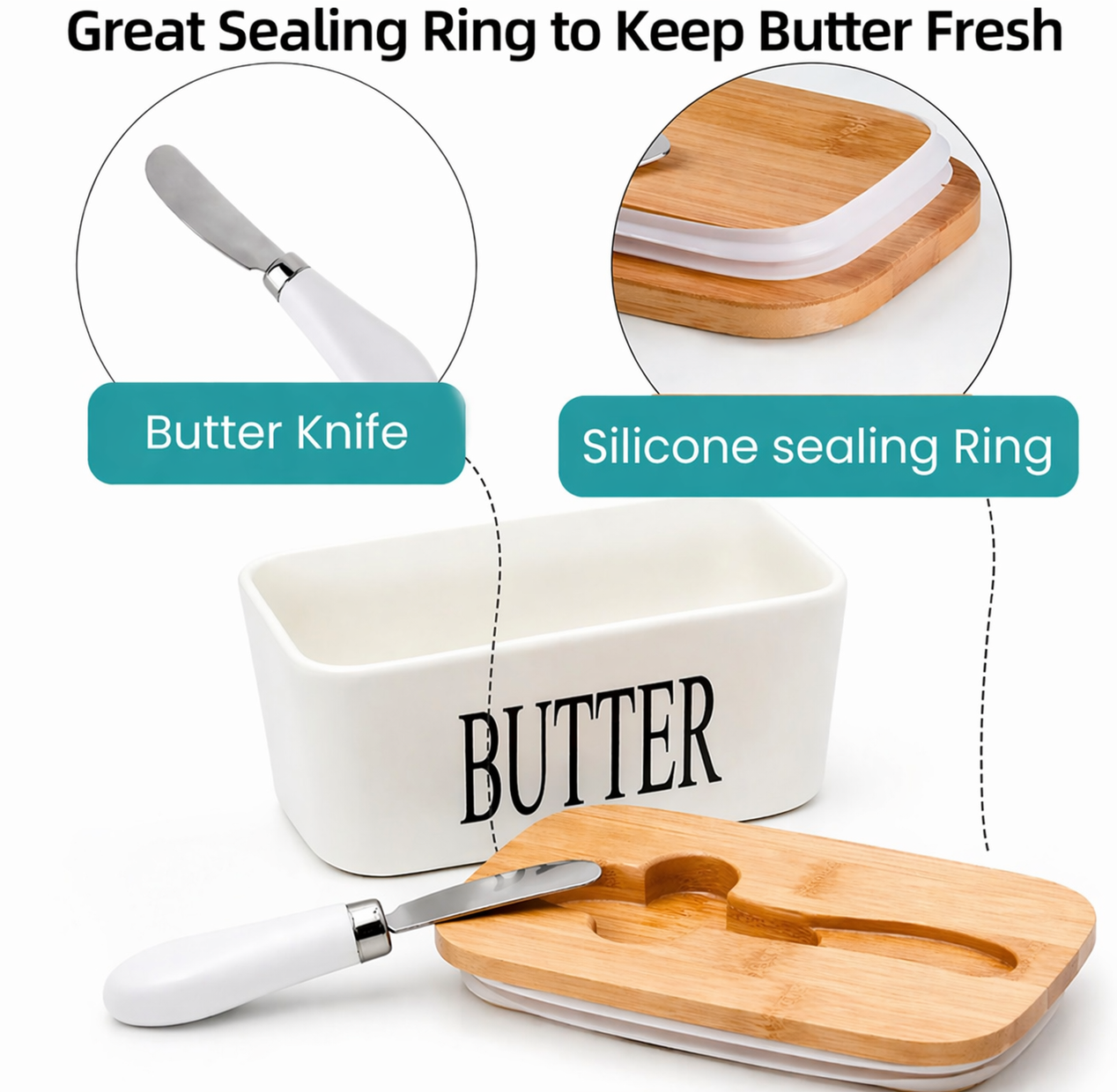 Ceramic Butter Container With Knife & Bamboo Wood lid - Large Size
