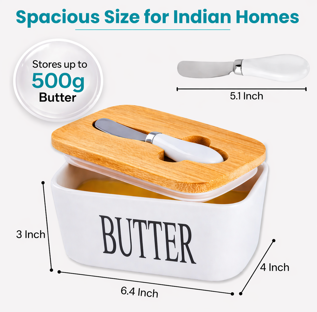Ceramic Butter Container With Knife & Bamboo Wood lid - Large Size