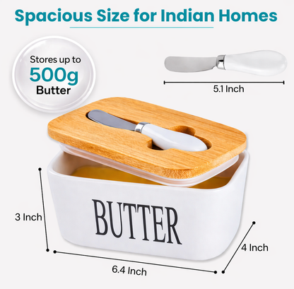 Ceramic Butter Container With Knife & Bamboo Wood lid - Large Size