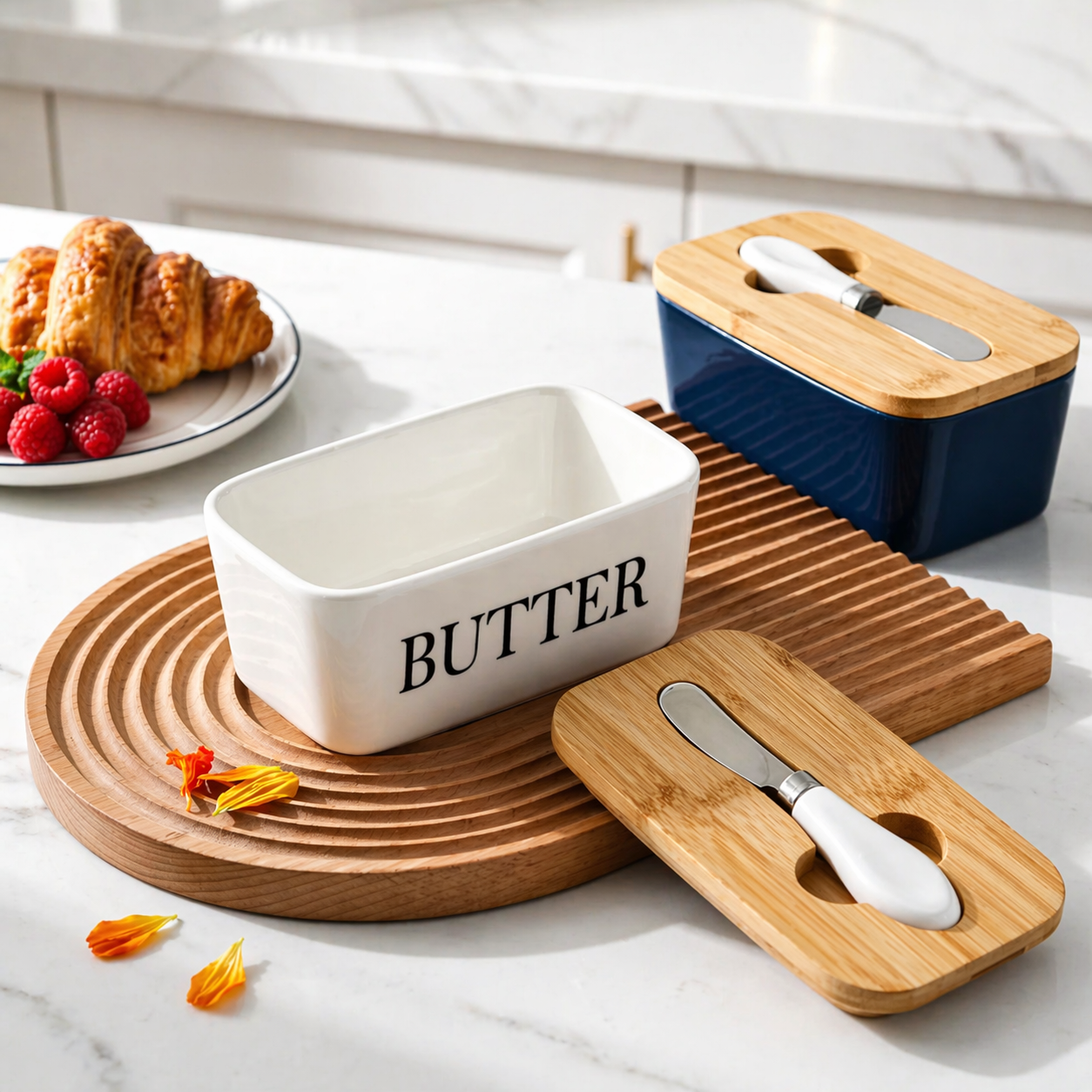 Ceramic Butter Container With Knife & Bamboo Wood lid - Large Size