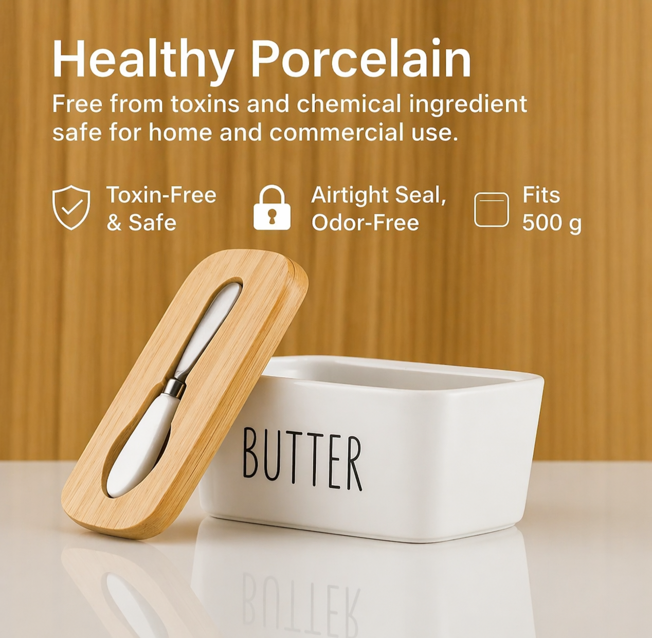 Ceramic Butter Container With Knife & Bamboo Wood lid - Large Size