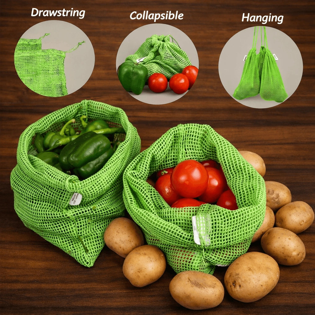 Natural Cotton Vegetable Storage Bags for Fridge | Set of 3 | Keeps Veggies Fresh 2x Longer