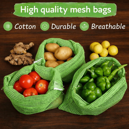 Natural Cotton Vegetable Storage Bags for Fridge | Set of 3 | Keeps Veggies Fresh 2x Longer