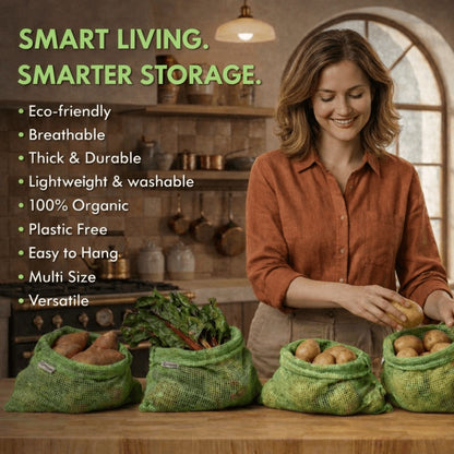 Natural Cotton Vegetable Storage Bags for Fridge | Set of 3 | Keeps Veggies Fresh 2x Longer