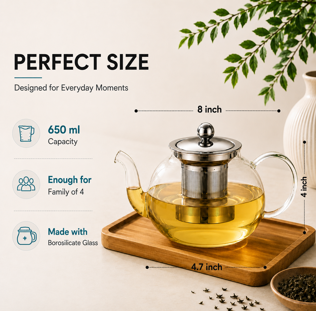 Premium Borosilicate Glass Tea Pot with Infuser-650 ML